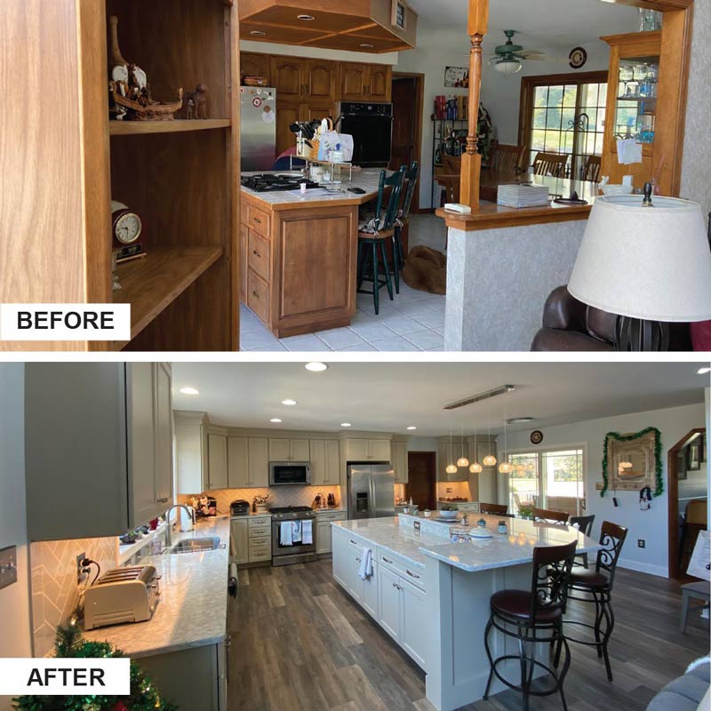 Before-and-after photos of a remodeled kitchen.