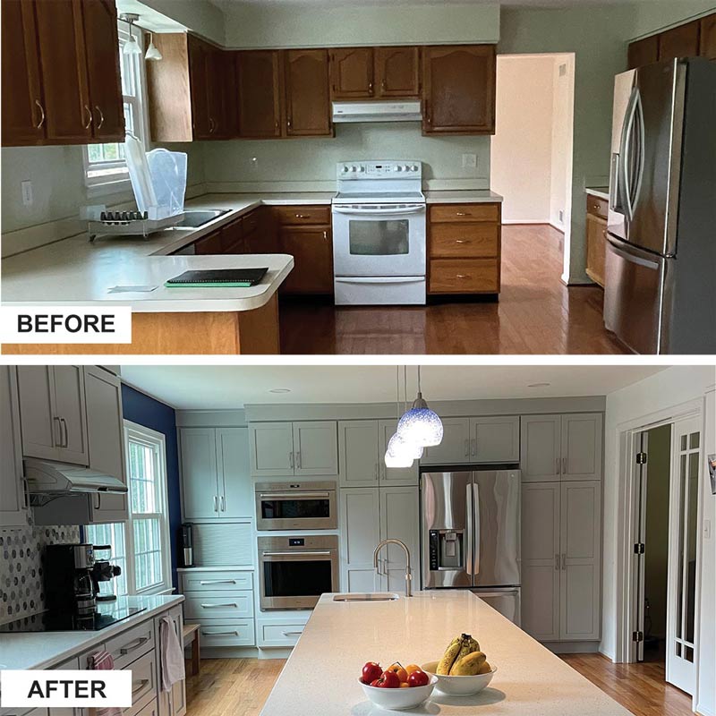 Before-and-after photos of a kitchen renovation.