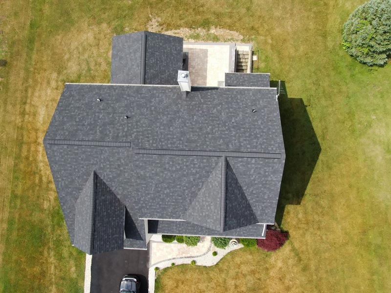 Top-down view of a house roof.