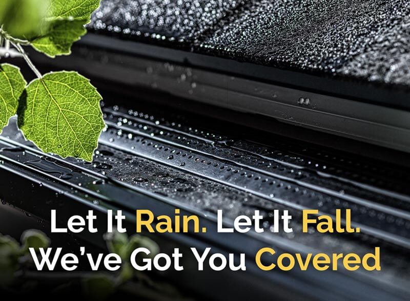 Delaware gutter guard with rainwater on roof edge and leaves nearby