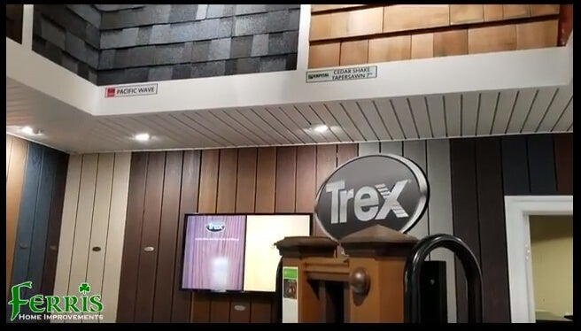 Ferris Home Improvements Showroom Newark Delaware Trex display with siding and roofing samples inside a Delaware home improvement showroom
