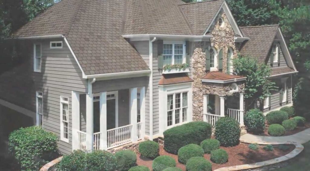 A mansion with a grey roof