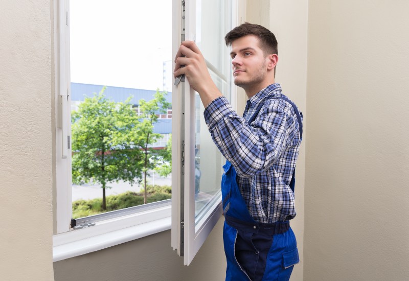 Man inspecting window