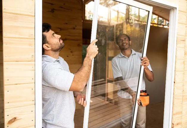 Construction workers installing new windows on Delaware residential home